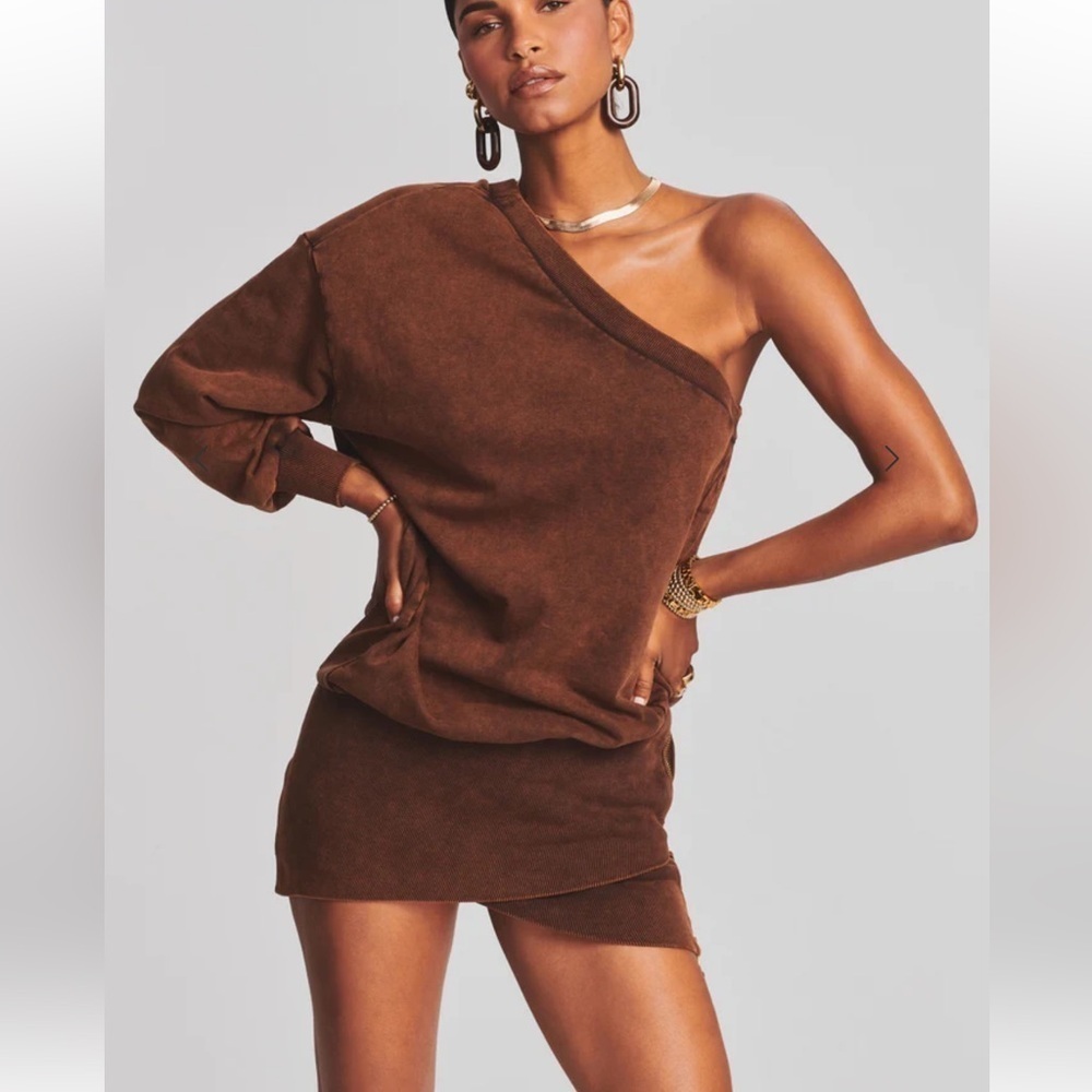 Retrofete Helana terry sweatshirt dress mini one shoulder zipper brown L